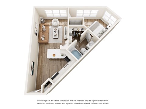 A top-down view of a small apartment with a kitchen, living room, and bathroom.